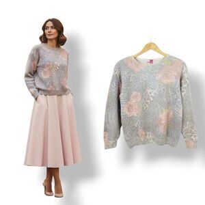 Vintage 80s Soft Silk and Angora Knit Blend Floral Animal Print Sweater Size M